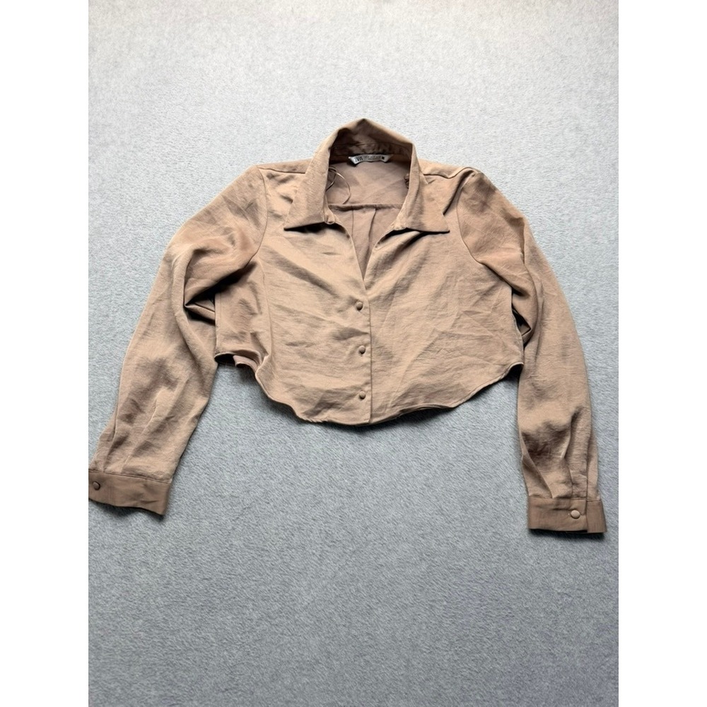 Zara Womens XS Mocha Tan Cropped Button Down Long Sleeve Curved Hem Shirt